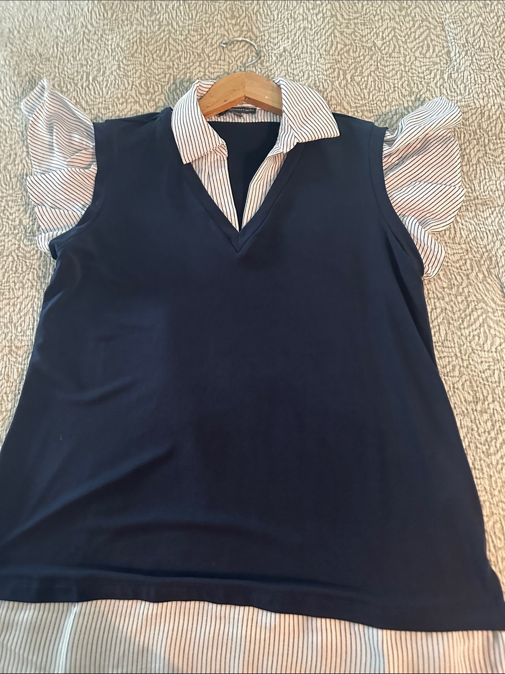 Adrianna Papell Navy Layered V-Neck Top with Striped Collar and Ruffle Sleeves